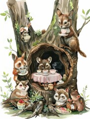 Watercolor Woodland Tea Party A Cozy Gathering of Playful Animals in a HollowedOut Tree Trunk