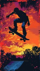 Skateboarder displays energetic trick in urban park silhouette, embodying dynamic youth