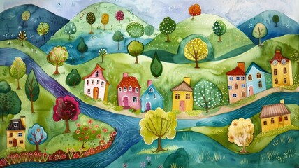 Whimsical Watercolor Village A Peaceful Community Amidst Rolling Hills and Flowing River
