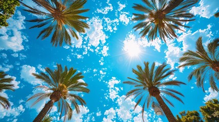 Fototapeta na wymiar palm trees against background of sunny sky