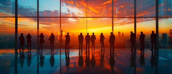 Silhouettes in tall office, city sunset view, embody corporate ambition and life