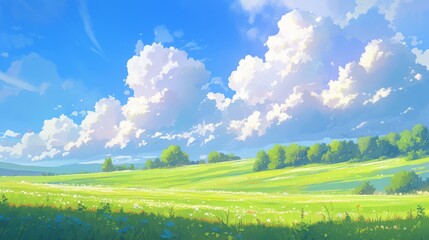 Anime Panoramic natural landscape with green grass field and blue sky with clouds