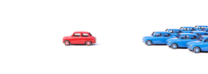 Business competition concept on white background. Red car leading the race against a group of slower blue cars 3d render 3d illustration