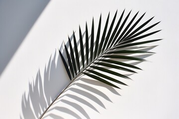 Palm leaf on white wall and shadow.