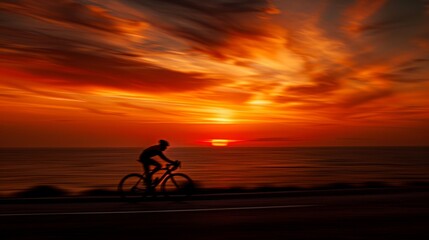 Cyclist's dynamic silhouette speeds on coastal road at sunset, under vivid orange sky - energetic and freeing