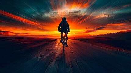 A cyclist races along the coastal road at sunset under a vivid orange sky, feeling energetic and free