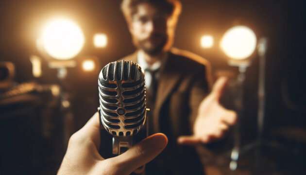 a person offering a microphone towards the camera