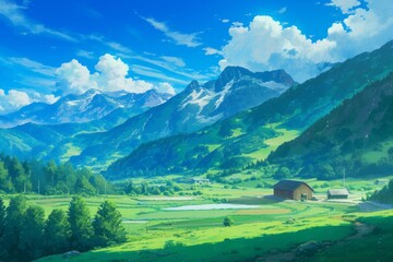 Anime Panoramic natural landscape with green grass field and blue sky with clouds