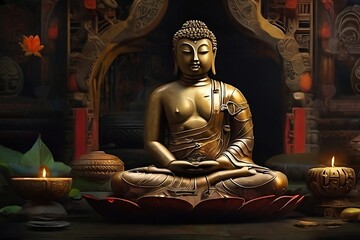 Buddha statue in meditation with burning candles
