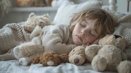 Child asleep with plush toys.teddy bears