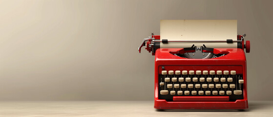 Vintage red typewriter on wooden desk. World Writers Day.