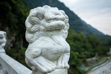 Taiwan, Hualien, Taroko, Sand Card Walk, Bridge Pier, Stone Carving Lion,
