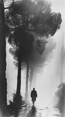 A mysterious figure walks through a misty forest, creating an eerie, suspenseful atmosphere