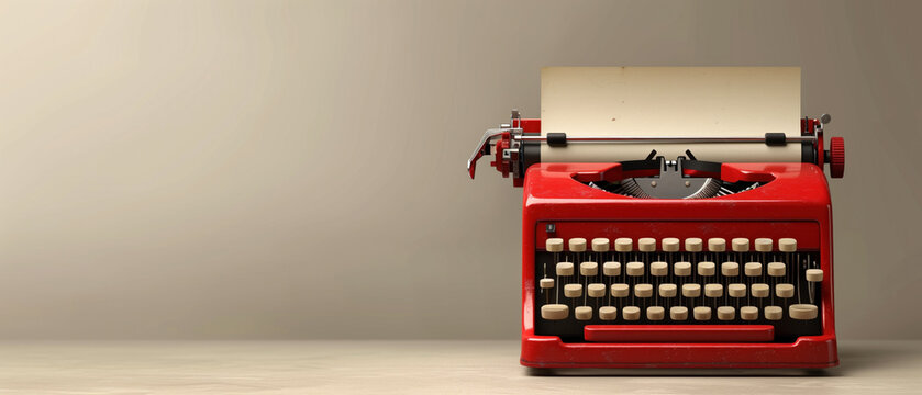 Vintage red typewriter on wooden desk. World Writers Day.