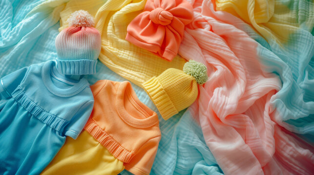 Vibrant and adorable baby outfits elegantly displayed on a cozy pastel blanket, perfect for a stylish newborn photo shoot or a thoughtful baby shower gift.