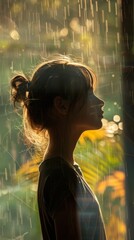 Obraz premium Silhouetted young woman by a window, soft morning light evokes reflection