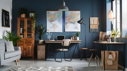 Stylish interior design with retro wooden cabinet, chair, gray sofa, plants, pendant lamp, decoratnion, maps, stool and elegant personal accessories. Modern retro concept of home office space. 