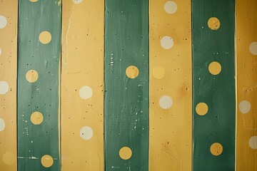 Retroinspired wallpaper design featuring polka dots and stripes in a 1960s color palette of mustard yellow and avocado green