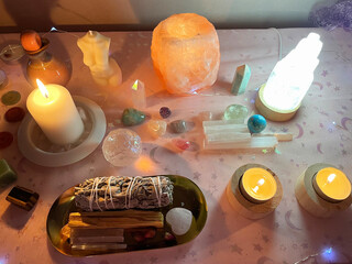 Background ritual healing, crystals,  stones, candles. The practice of magic spells and cleansing....