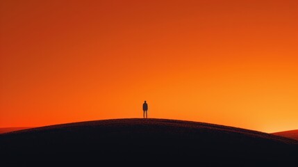 Silhouette of man on hill at sunset, with vibrant orange sky backdrop in minimalistic style