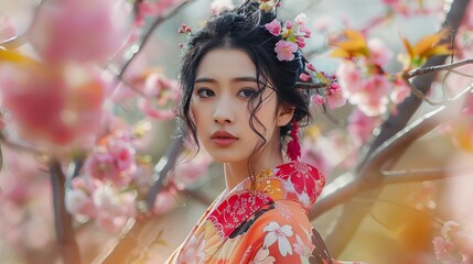 Serene portrait of a Japanese woman in a vibrant kimono amidst sakura trees