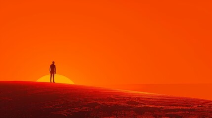 Man stands on hill at sunset, against vibrant orange sky, in minimalistic style