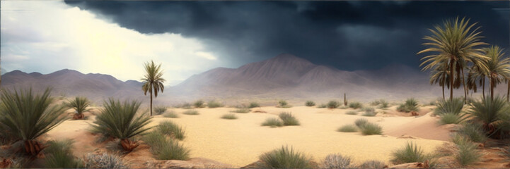 Fototapeta na wymiar Beautiful desert landscape with cloudy sky, real life heavenly scene, photorealistic view with sandy track, middle of the desert before rain. Generative Ai.
