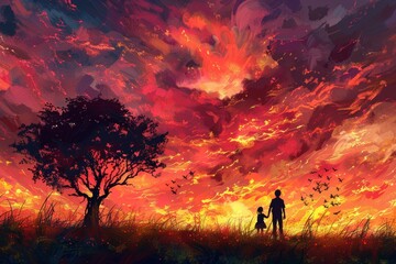 Family silhouette immersed in sunset hues, embracing a serene, affectionate ambiance