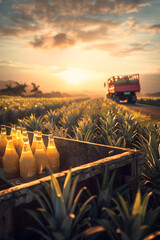 Cargo truck carrying bottles with pineapple juice in an orchard with sunset. Concept of food and drink production, transportation, cargo and shipping.