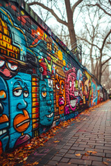 Fototapeta premium Vibrant graffiti murals in urban park, showcasing colorful and expressive characters in a sprawling display of creativity and artistry.