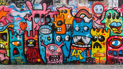 Vivid graffiti characters splashed across a city park wall, adding an explosion of color and expression to the urban landscape.