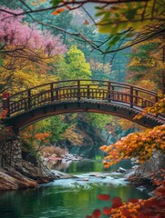 Enchanting Wooden Bridge Arching Over Vibrant Autumn Foliage River Landscape