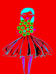 fashion illustration. girl with bouquet flowers and in fluffy skirt. creative trend color