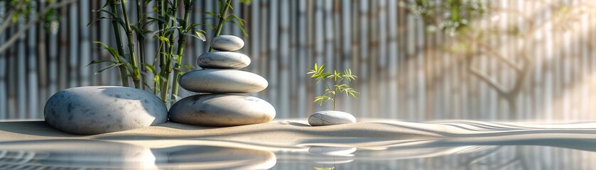 Peaceful Zen garden scene as a wallpaper illustration, including sand ripples, stones, and a small bamboo plant