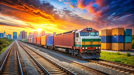 Fototapeta premium Highspeed freight train with vibrant intermodal containers, emphasizing swift delivery