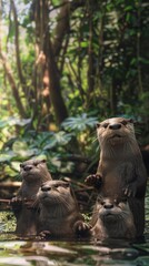 Lively Otter Family Frolicking in Tranquil Forest River Shallows