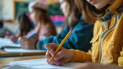 Close up of school girls students taking notes in a classroom
