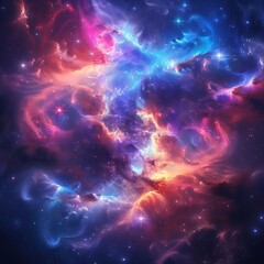 Obraz premium Outer space view showing a vibrant nebula with swirling colors of pink, blue, and purple, stars sparkling in the distant background