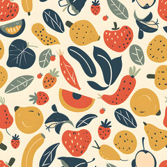 A colorful fruit and vegetable seamless pattern with a playful and whimsical feel ,design for use in fabric,wrapping paper,packaging,wallpaper,textile,cover
