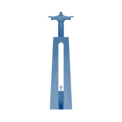 A statue of Jesus Christ on a pedestal with his arms outstretched.Religious sculpture of Portugal and Brazil in monochrome color of blue and white.For souvenirs,stickers,printed products
