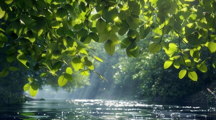 Naklejka premium Lush Green Canopy Filters Sunlight onto Serene River Below