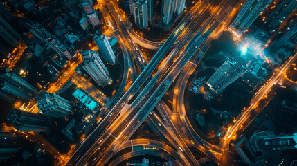 Aerial view of complex highway system in urban area, illuminated by city lights during twilight hours.