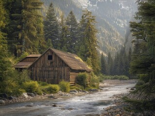 Rustic Wooden Cabin Nestled Beside a Tranquil River in a Verdant Forest Landscape