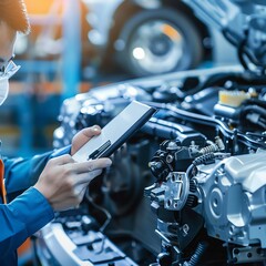 Mechanic using tablet to diagnose car engine problem.