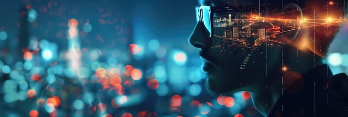 Business man wearing glasses and science and technology background with city scape and digital overlay innovative background for successful business development
