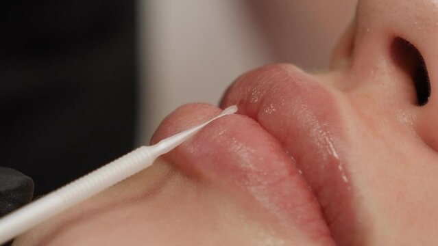 A cosmetologist in close-up moisturizes the lips of a young woman with a special thin brush and cream. Permanent makeup procedure in a modern beauty salon.