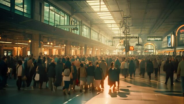 A bustling train station as a large group of people walks together towards their platforms, Railway station full of people during the rush hour