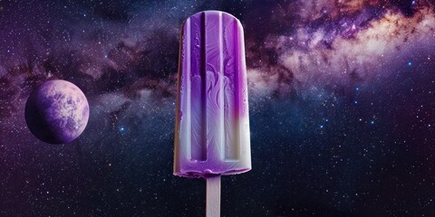Purple ice cream on a stick floating in space with stars and planets and space dust.