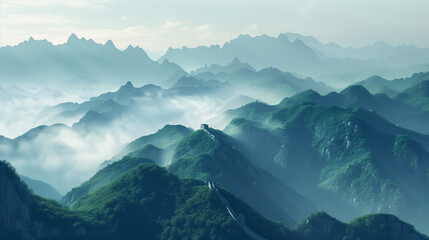 Travel destination. The iconic Great Wall meanders through a series of mountain ridges, shrouded in a soft, misty light at dawn, evoking a sense of historical grandeur and natural beauty.