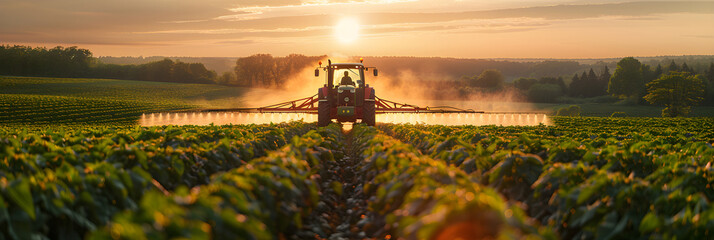 Tractor spraying pesticides and fertilizer on soybean crops farm field in spring evening, smart farming technology and sustainable advanced agriculture practices